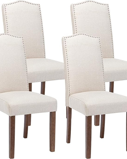 Stylish Upholstered Parsons Nailhead Trim and Sturdy Solid Wood Legs Dining Chairs, Set of 4, Cream - LeafyLoom