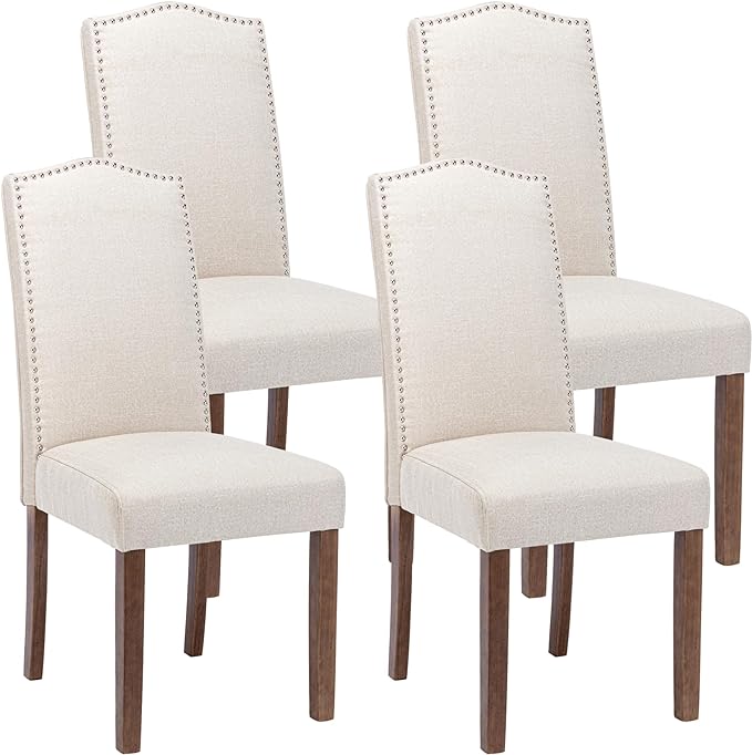 Stylish Upholstered Parsons Nailhead Trim and Sturdy Solid Wood Legs Dining Chairs, Set of 4, Cream - LeafyLoom