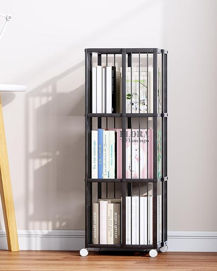 Rotating Bookcase Black 3 Tiers Metal Bookshelf, 360°Cubic Large Capacity for Small Space with Storage and Creative Multi-Layer Shelves,Magazine&Books for Bedroom Living Room Study and Office - LeafyLoom