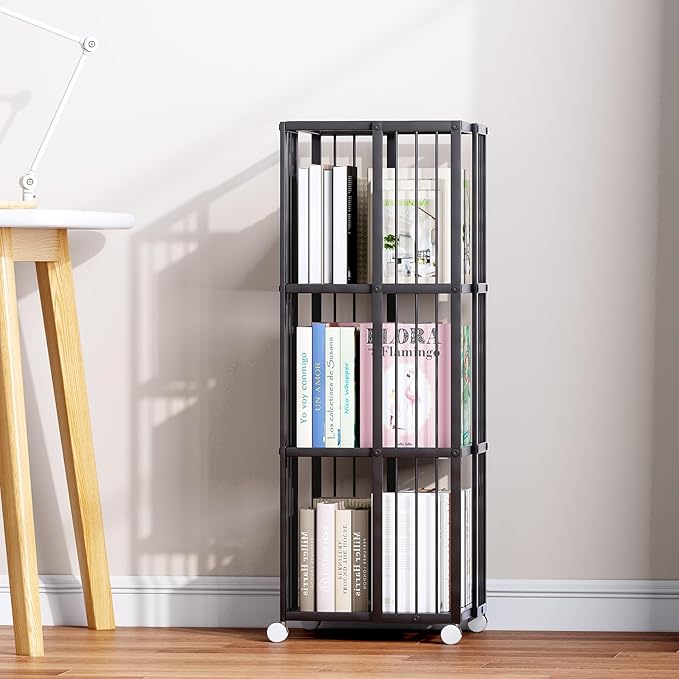 Rotating Bookcase Black 3 Tiers Metal Bookshelf, 360°Cubic Large Capacity for Small Space with Storage and Creative Multi-Layer Shelves,Magazine&Books for Bedroom Living Room Study and Office - LeafyLoom