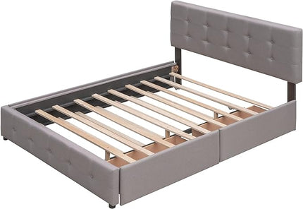 Size Upholstered Platform Bed with Headboard, Twin XL Trundle and 2 Drawers Storage, Linen Fabric Bedframe for Bedroom, Queen (U.S. Standard), Light Gray - LeafyLoom