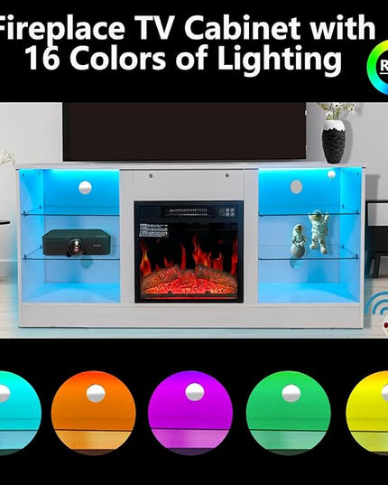 Fireplace TV Stand with LED Lights,Entertainment Center for TVs UP to 65" Televisions,Modern TV Console with Electric Fireplace for Living Room Bedroom - LeafyLoom
