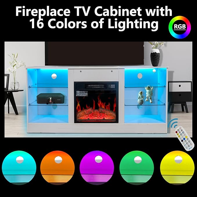 Fireplace TV Stand with LED Lights,Entertainment Center for TVs UP to 65" Televisions,Modern TV Console with Electric Fireplace for Living Room Bedroom - LeafyLoom