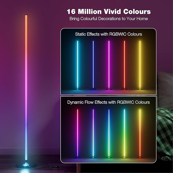 bedee LED Corner Floor Lamp: 64.5 Inch RGB Color Changing with Music Sync, Modern Standing Mood Lighting Remote & App Control, Creative DIY Mode Timing for Living Room Gaming - LeafyLoom