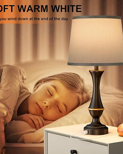 Touch Lamps for Bedrooms Set of 2 - Nightstand Table Lamp with USB C+A, 3 Way Dimmable Bedside Lamps for Living Room End Tables Set of 2, Farmhouse Night Stand Lamps for Bed Side Guest Room(Grey) - LeafyLoom