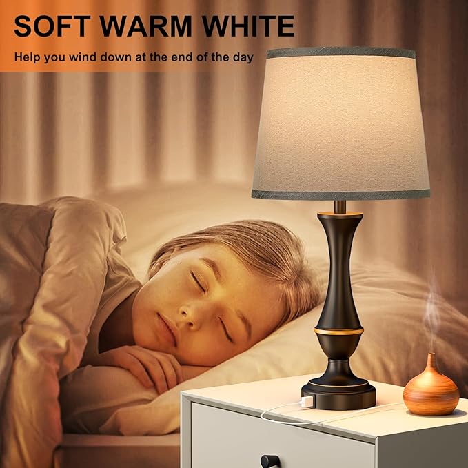 Touch Lamps for Bedrooms Set of 2 - Nightstand Table Lamp with USB C+A, 3 Way Dimmable Bedside Lamps for Living Room End Tables Set of 2, Farmhouse Night Stand Lamps for Bed Side Guest Room(Grey) - LeafyLoom