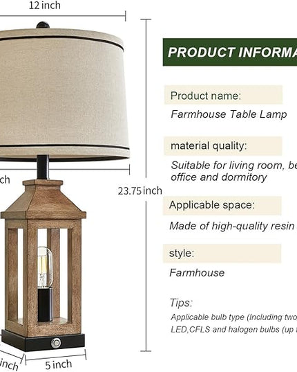 23.75" Farmhouse Table Lamps Set USB A+C Charging Ports 3-Way Dimmable Touch Control Lamp Nightlight Vintage Modern Lamp for Living Room Bedroom with 2 Light Sources - LeafyLoom