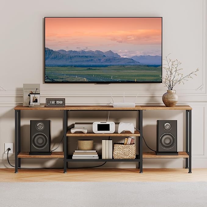 HOOBRO TV Stand with Power Outlets to 65 Inches, TV Console Table with Open Storage Shelves, Industrial Media Entertainment Center for Living Room Bedroom, Rustic Brown and Black BF40DS01 - LeafyLoom