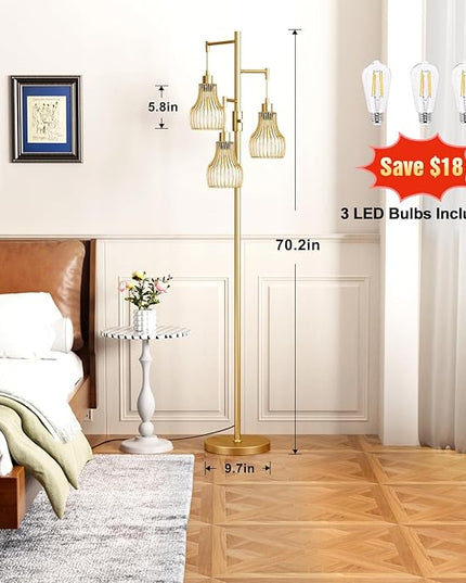 Dimmable Gold Floor Lamps for Living Room, Industrial Tree Standing Tall Lamps with 3 Elegant Cage Shade & 800 Lumens LED Bulbs for Bedroom Office - LeafyLoom