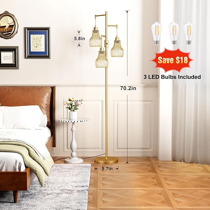 Dimmable Gold Floor Lamps for Living Room, Industrial Tree Standing Tall Lamps with 3 Elegant Cage Shade & 800 Lumens LED Bulbs for Bedroom Office - LeafyLoom