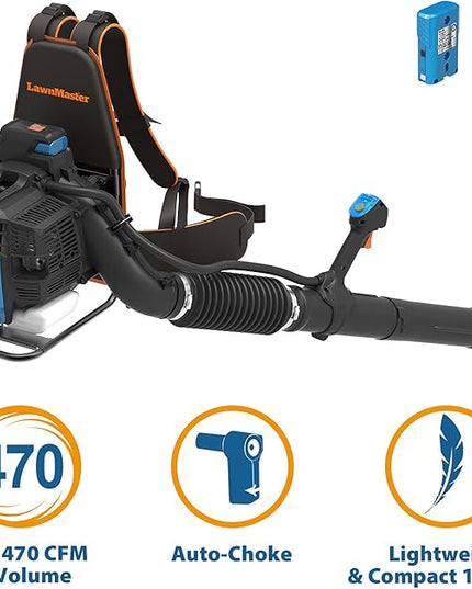 LawnMaster NPTBL31AB No-Pull Backpack Leaf Blower, Gas-Powered with Electric Start, 31cc 2-Cycle Engine, 470CFM, 175MPH - LeafyLoom