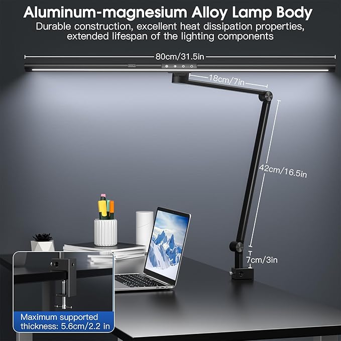 Desk Lamp for Office Home, Desk Light with Clamp, 24W Ultra Bright with Gesture Sensing, Adjustable Brightness & Color Temperature, Monitor Light, Task Light, Table Lamp for Work Study,Black - LeafyLoom