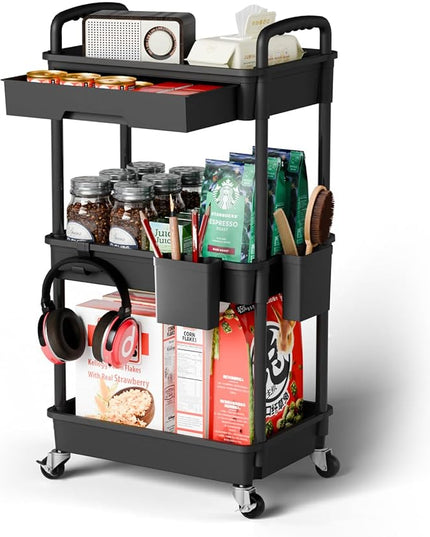 3 Tier Small Rolling Cart Organizer,Laundry Room Bathroom Organizers and Storage Office Shelves Mobile Shelving Unit Kitchen Trolley Cart with Wheels for Art,Craft,Diaper,Bedside,Snack(Black) - LeafyLoom