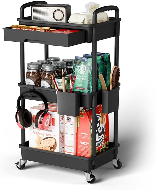 3 Tier Small Rolling Cart Organizer,Laundry Room Bathroom Organizers and Storage Office Shelves Mobile Shelving Unit Kitchen Trolley Cart with Wheels for Art,Craft,Diaper,Bedside,Snack(Black) - LeafyLoom