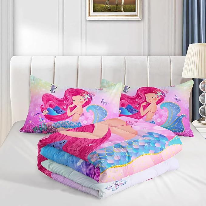 Mermaid Butterfly Comforter Set Queen Size Fairy Tale Sea Shell Grass Bedding Set Colorful Rainbow Quilt Bed Set for Kid Girls with 1 Comforter and 2 Pillowcases - LeafyLoom