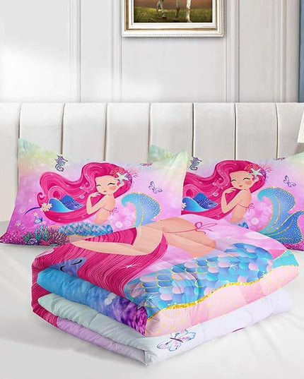 Mermaid Butterfly Comforter Set Twin Size Fairy Tale Sea Shell Grass Bedding Set Colorful Rainbow Quilt Bed Set for Kid Girls with 1 Comforter and 2 Pillowcases - LeafyLoom