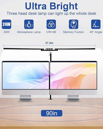 Bright Desk Lamps for Office Home, 24W Large Swing Arm Bar LED Desk Light with Clamp, Auto Dimming Task Lamp for Monitor Work Study - LeafyLoom