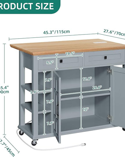 YITAHOME Kitchen Island with Drop Leaf & Power Outlet, Rolling Kitchen Cart on Wheels, Americana Kitchen Island Cabinet with Open Shelves for Kitchen Dining Room, Thicker Rubberwood Top, Grey Blue - LeafyLoom