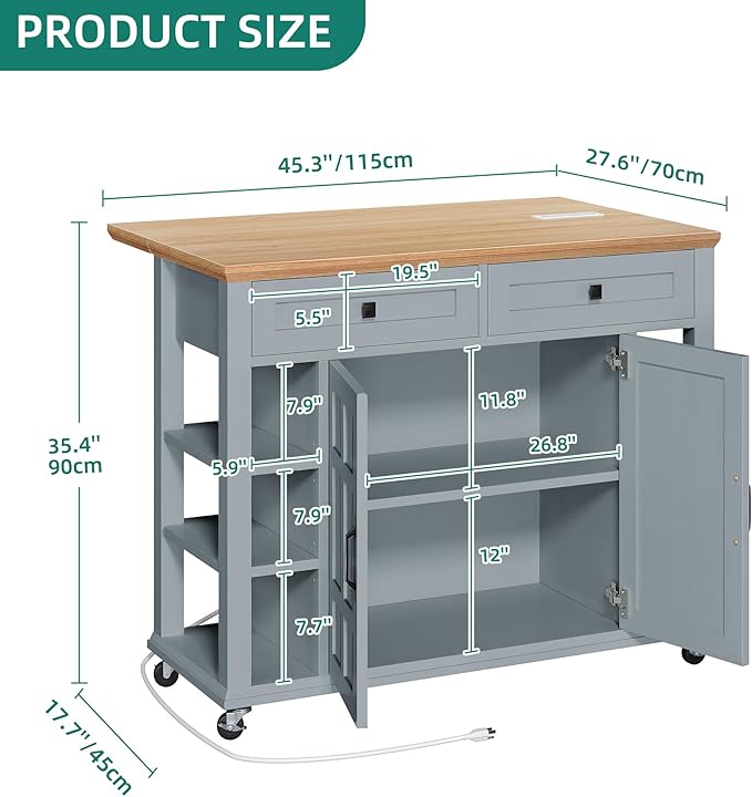 YITAHOME Kitchen Island with Drop Leaf & Power Outlet, Rolling Kitchen Cart on Wheels, Americana Kitchen Island Cabinet with Open Shelves for Kitchen Dining Room, Thicker Rubberwood Top, Grey Blue - LeafyLoom