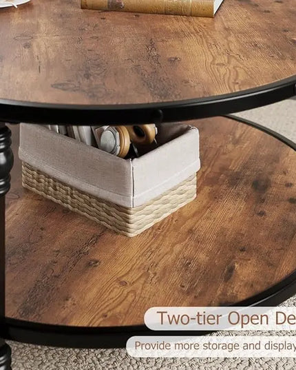 GAOMON Round Coffee Table Living Room 34.25in Rustic Circle Center Table with Storage Shelf 2-Tier Modern Wood Coffee Table, Easy Assembly(Brown) - LeafyLoom