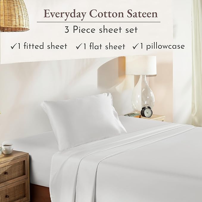 California Design Den Soft 100% Cooling Cotton Sheets Twin Size, 3 Piece Twin Sheet Set with Sateen Weave, Cooling Sheets - Ivory - LeafyLoom