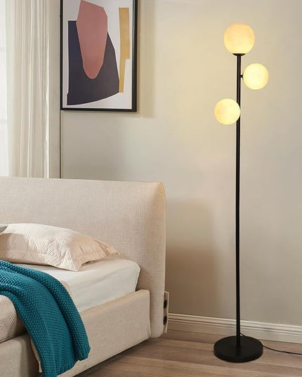 3 Globe Floor Lamps for Living Room, Black Standing Lamp with LED G9 Bulbs, Modern Floor Lamp with 3D Moon Printing Frosted Shades, 67" Corner Tall Lamp for Bedroom, Stand Up Lamp for Office Kids Room - LeafyLoom