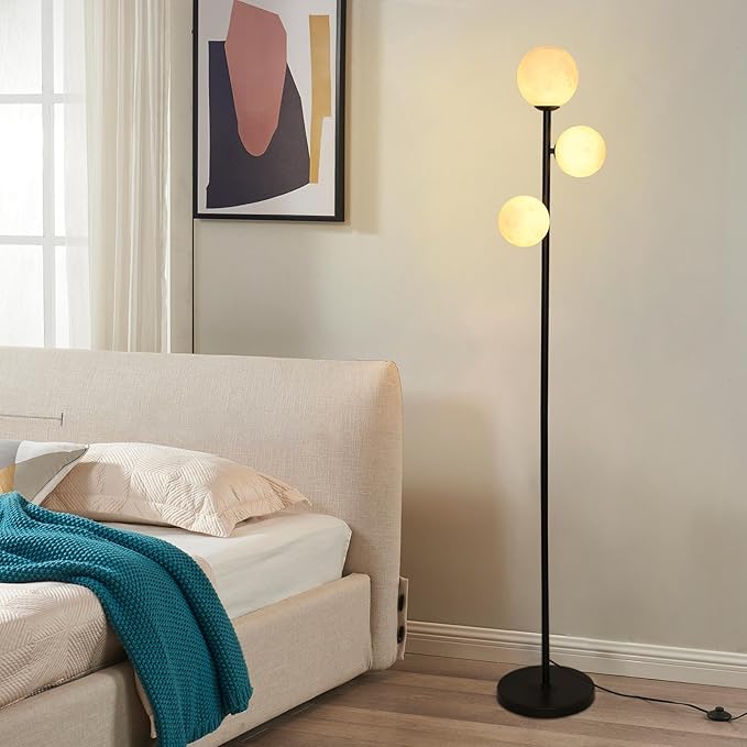 3 Globe Floor Lamps for Living Room, Black Standing Lamp with LED G9 Bulbs, Modern Floor Lamp with 3D Moon Printing Frosted Shades, 67" Corner Tall Lamp for Bedroom, Stand Up Lamp for Office Kids Room - LeafyLoom