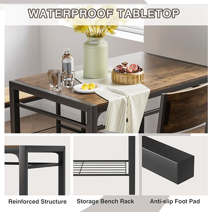 Kitchen Table and 2 Chairs for 4 with Bench, 4 Piece Dining Sets for Small Space, Rustic Brown - LeafyLoom