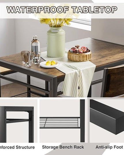 Kitchen Table and 2 Chairs for 4 with Bench, 4 Piece Dining Sets for Small Space, Rustic Brown - LeafyLoom