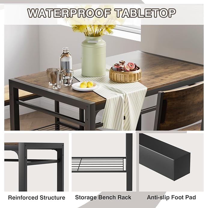 Kitchen Table and 2 Chairs for 4 with Bench, 4 Piece Dining Sets for Small Space, Rustic Brown - LeafyLoom