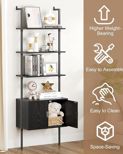 Gadroad Ladder Bookshef with Cabinet, Wall Mounted Bookcases, 5 Tier Tall Open Display Rack, 73" Metal Industrial Bookshelf, Storage Shelves for Livingroom, Home Office, Black - LeafyLoom