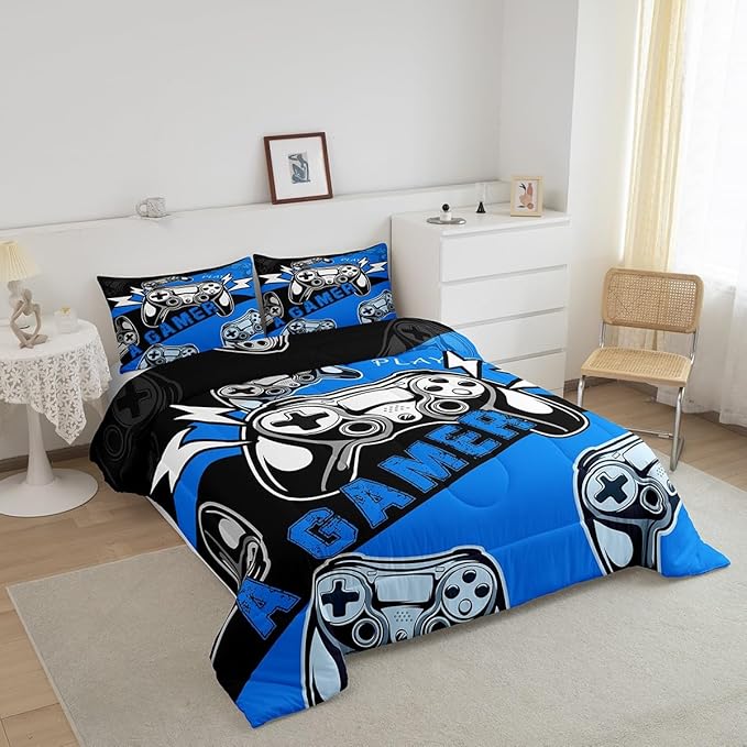 Erosebridal Twin Comforter Set for Boys Girls Kids,Gamer Comforter Sets for Boys Teens Video Game Bedding Set,Gaming Console Comforter Bedroom Decor Blue Black 2Pcs - LeafyLoom
