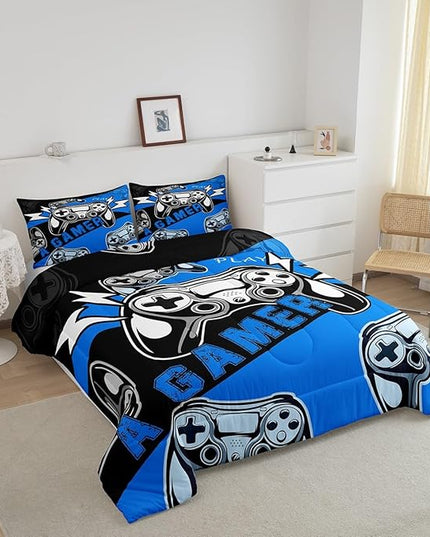Erosebridal Gamer Comforter Sets for Boys Full Size,Gaming Bedding Sets for Boys Kids Teens Gamepad Gaming Comforter Set Game Room Decor,Blue Black 3Pcs - LeafyLoom
