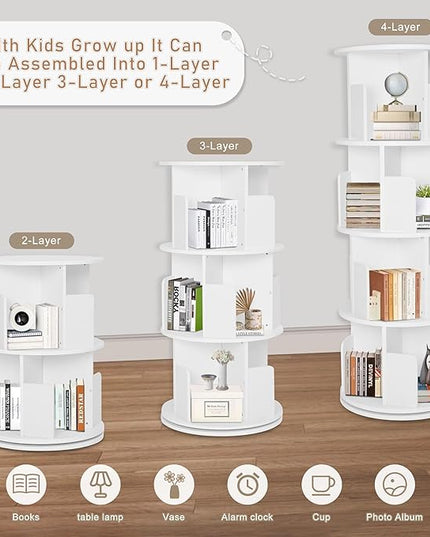 Rotating Bookshelf,Wood Corner Bookshelf 4 Tier 360 Display Spinning Bookshelf Floor Standing Bookcase Stackable Bookshelf Storage Rack Organizer for Small Space Bedroom Living Room Study Room - LeafyLoom