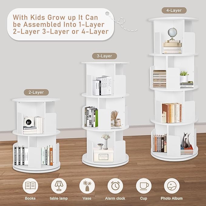 Rotating Bookshelf,Wood Corner Bookshelf 4 Tier 360 Display Spinning Bookshelf Floor Standing Bookcase Stackable Bookshelf Storage Rack Organizer for Small Space Bedroom Living Room Study Room - LeafyLoom