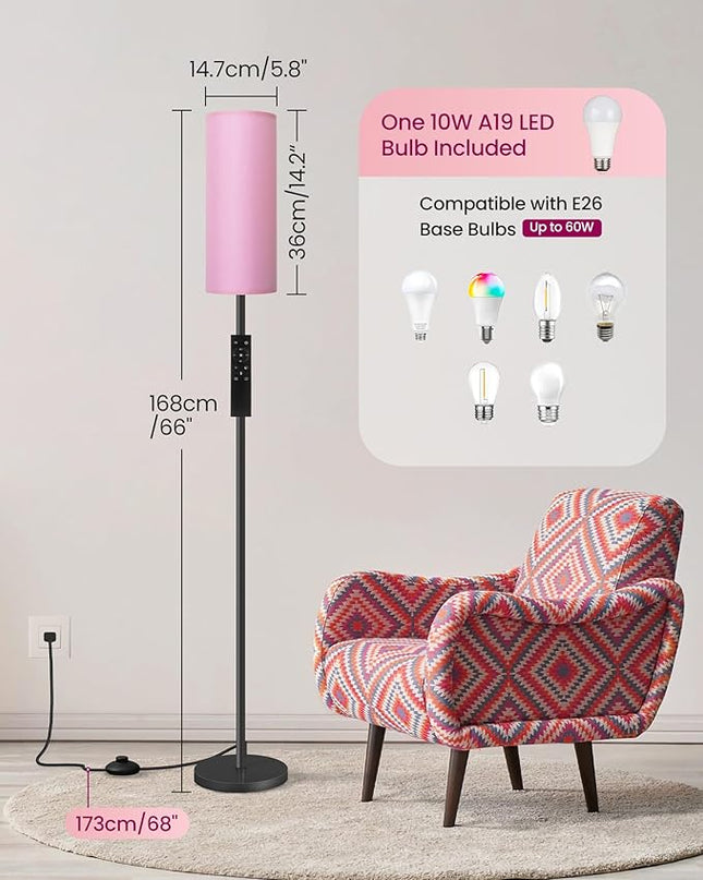 Dimmable Floor Lamp for Living Room, Corner Floor Lamp with Remote, 66'' Standing Tall Lamp, Linen Lampshade, 10W 800LM LED Bulb for Bedroom Study, FCC Listed Black and Pink P06LD05 - LeafyLoom