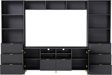 Merax 4-Piece Entertainment Wall Unit with 13 shelves, 8 Drawers, and 2 Cabinets, Multifunctional TV Stand Media Storage Cabinet with Fluted Line Surface for Living Room, Black - LeafyLoom