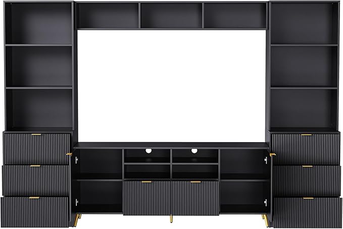 Merax 4-Piece Entertainment Wall Unit with 13 shelves, 8 Drawers, and 2 Cabinets, Multifunctional TV Stand Media Storage Cabinet with Fluted Line Surface for Living Room, Black - LeafyLoom