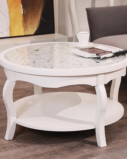 FINECASA Round White Coffee Table, 33.7x19 inches, Glass Top, Vintage Boho Design, Wood, White Patterned - LeafyLoom