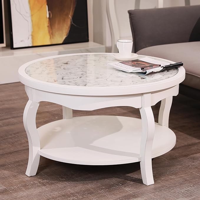 FINECASA Round White Coffee Table, 33.7x19 inches, Glass Top, Vintage Boho Design, Wood, White Patterned - LeafyLoom