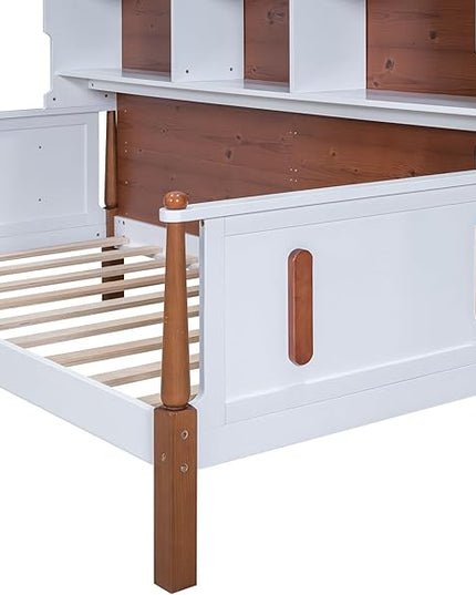 Twin Size Platform Bed with Multiple Storage, No Box Spring Required,Easy to Assemble,Wood Bed Frame for Bedroom/Apartment/Guest-Room,White+Walnut - LeafyLoom
