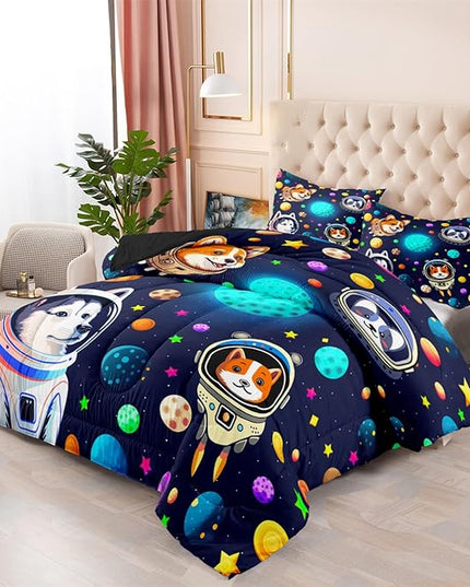 Dogs Twin Comforter Set for Boys - 2Pcs Lovely Pets Animals Theme Bedding Set for Boys Bedroom Kids Room Decor Cute Corgi Husky Alaska Pattern Soft Comforter with 1 Pillowcase for All Season - LeafyLoom