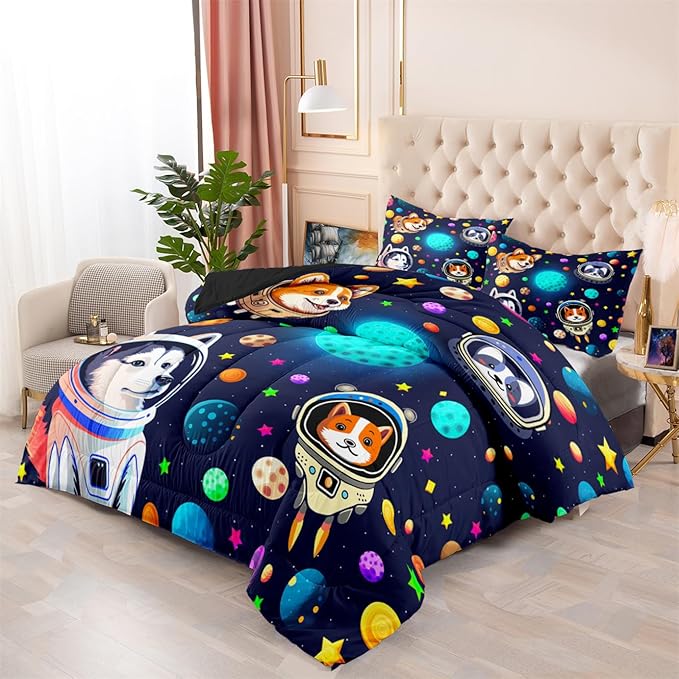 Dogs Twin Comforter Set for Boys - 2Pcs Lovely Pets Animals Theme Bedding Set for Boys Bedroom Kids Room Decor Cute Corgi Husky Alaska Pattern Soft Comforter with 1 Pillowcase for All Season - LeafyLoom