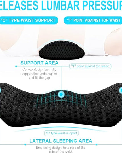 Lumbar Support Pillow - Memory Foam for Low Back Pain Relief, Ergonomic Streamline Car Seat, Office Chair, Recliner and Bed (black) - LeafyLoom