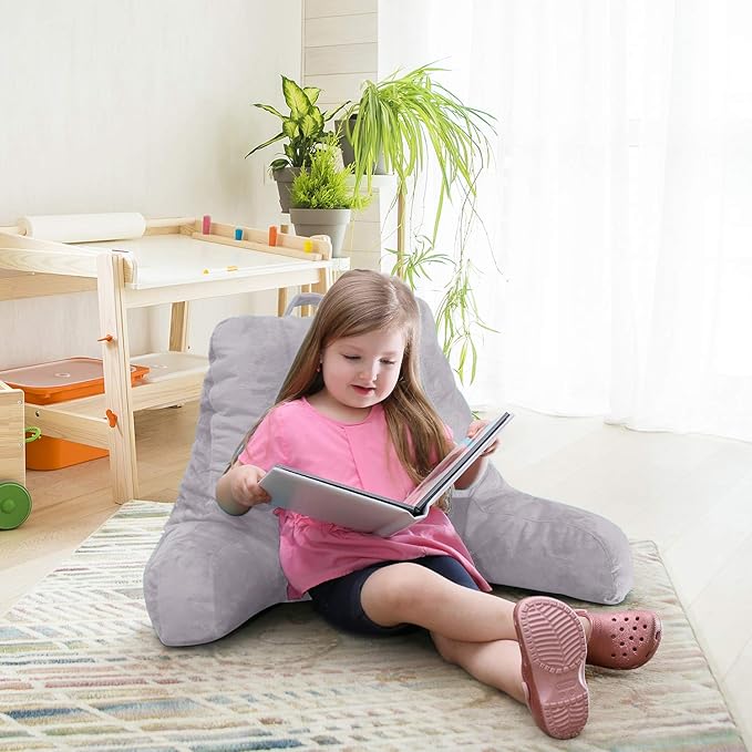 Clara Clark Reading Pillow for Kids, Small Back Pillow for Sitting Up in Bed, Memory Foam Back Support Pillow, Reading Pillows for Sitting in Bed, Grey Lavender Gaming Pillow with Arms and Pockets - LeafyLoom