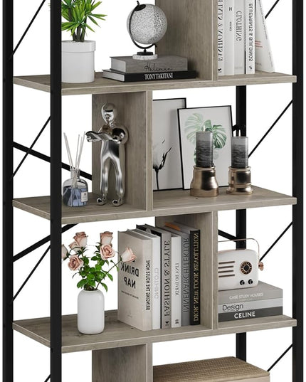 5 Tier Bookshelf with Storage, 61 Inch Tall Industrial Book Shelf with Open Display Bookshelves, 5 Shelf Bookcase with Metal Frame for Living Room, Bedroom and Home Office-Grey - LeafyLoom