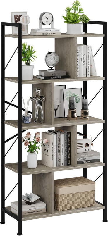 5 Tier Bookshelf with Storage, 61 Inch Tall Industrial Book Shelf with Open Display Bookshelves, 5 Shelf Bookcase with Metal Frame for Living Room, Bedroom and Home Office-Grey - LeafyLoom
