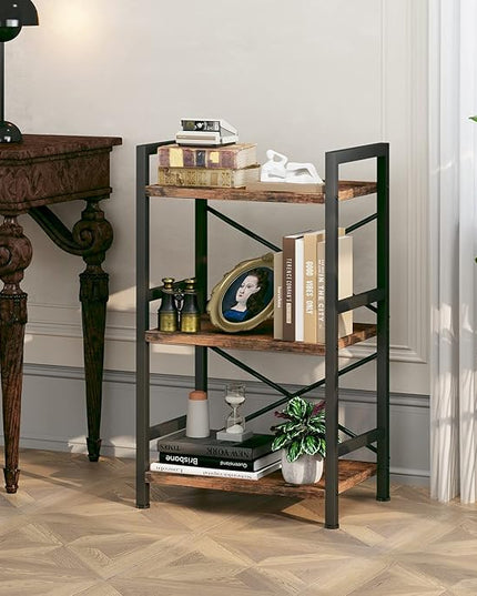 Bookshelf, 3 Tier Industrial Bookcase, Metal Small Bookcase, Rustic Etagere Book Shelf Storage Organizer for Living Room, Bedroom, and Home Office(Rustic Brown) Patent Pending D29873033 - LeafyLoom