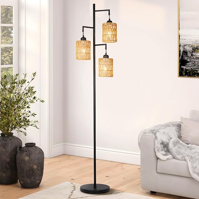 Farmhouse Floor Lamp, Industrial Style Tall Lamps, Boho Tree Standing Tall Lamp with Sturdy Modern Vintage Design for Living Room Bedroom Office Dining Room(Black) - LeafyLoom