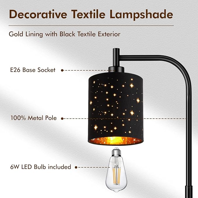 Industrial Floor Lamp, Modern Standing Lamps for Bedroom with 6W LED Bulb, Foot Switch, Farmhouse Floor Lamp with Decorative Lampshade, Metal Tall Stand up Light, Vintage Lamp for Living Room, Black - LeafyLoom